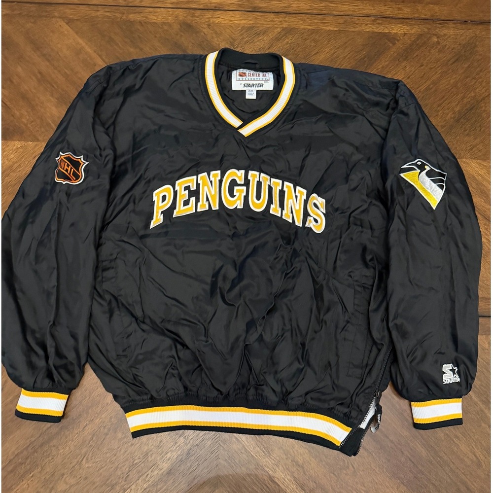 Vintage Starter NHL Pittsburgh Penguins Windbreaker Pullover XXL Black V-Neck